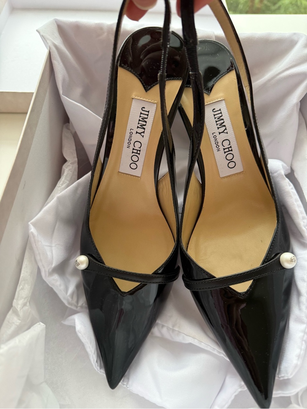 $925 NWT Jimmy Choo Amita 85 Patent Nappa Leather Slingback Pumps Size 7 Eu 37